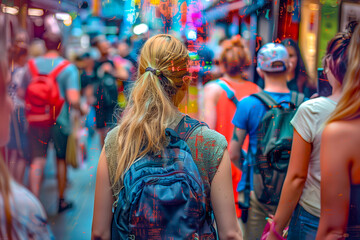 Obraz premium Festival or event, with crowds gathering on the city street