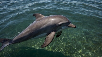 Naklejka premium n the tranquil bay, a curious dolphin surfaces, its gentle gaze meeting that of a mesmerized onlooker from the shore ai_generated
