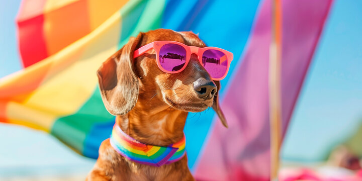Funny dachsund dog wearing sunglasses on the beach at summer pride month parade. Rainbow flags. Funny dog on vacation - Powered by Adobe