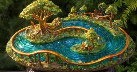 Fototapeta premium An aerial view of a winding river flowing through a lush, green forest.