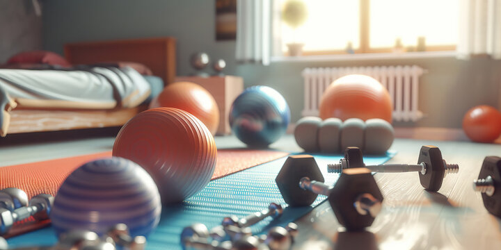 Home Workout: A yoga mat, exercise balls, and free weights scattered around a bedroom