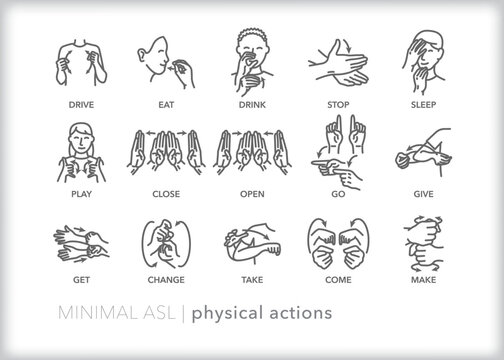 Set of line icons depicting American Sign Language (ASL) communication for physical actions words and phrases