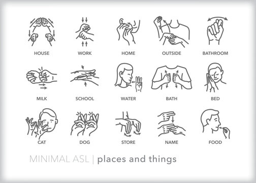 Set of line icons depicting American Sign Language (ASL) communication for places and things