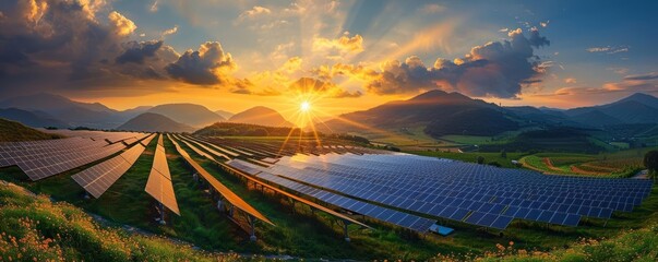 Stunning Sunrise over Expansive Solar Farm in Mountainous Countryside