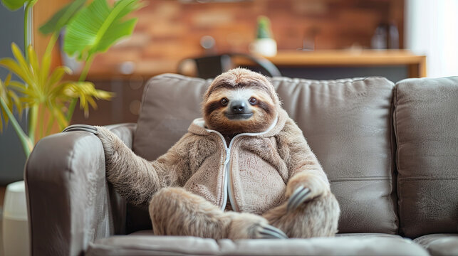 Cute sloth lies on the sofa and lazes