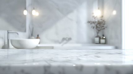 White bathroom interior. Empty marble table top for product display with blurred bathroom interior background