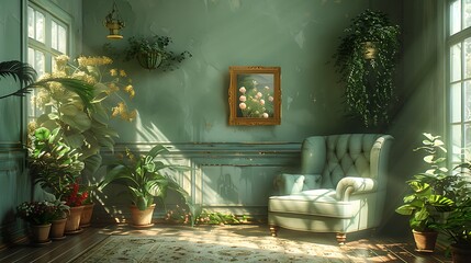  Gentle sunlight bathes a serene TV room adorned with a verdant green armchair, where decorative accents in pastel shades add a touch of whimsy and elegance