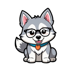 Cute Childish Kawaii Husky Dog Character Sticker with Glasses, Sitting with Head Tilted and Curious Look, Thick Black Outline, Generative AI.