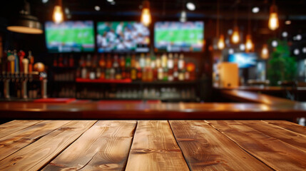 Empty wooden counter in sports bar or pub with blurred TV displays with sporting events at the bar background