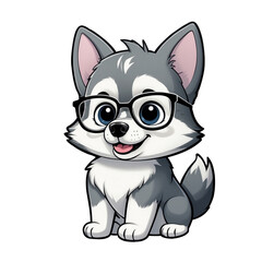 Cute Childish Kawaii Husky Dog Character Sticker with Glasses, Sitting with Head Tilted and Curious Look, Thick Black Outline, Generative AI.