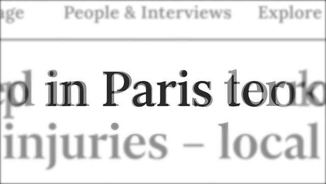 Mentioning Paris in media headlines. Famous city and capital of France. Large cultural and sports center. Quickly changing pages of online publications. Close-up of letters