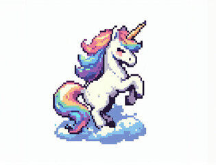 Pixel art illustration of cute unicorn isolated on white background