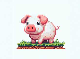 Pixel art illustration of cute pig on a pasture