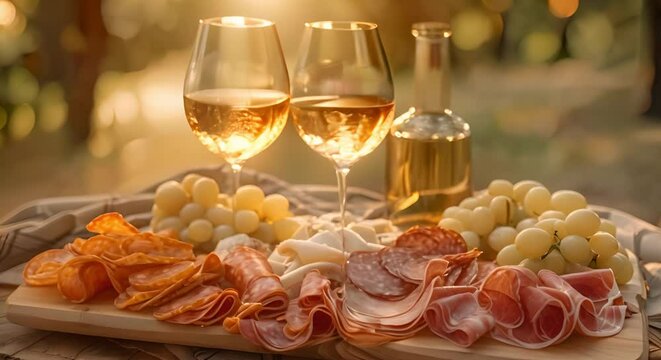 Charcuterie board and wine set up for a picnic in nature. Concept Picnic Setup, Charcuterie Board, Wine Pairing, Outdoor Dining, Nature Gathering