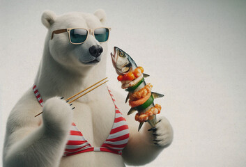 Portrait of anthropomorphic ice bear with sunglasses and bikini eating fish skewer and standing isolated on paper textured white background. Concept of summer, holidays, recreation. Copy space