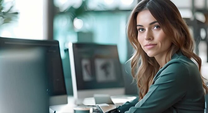 Female Graphic Designer in a Contemporary Office Environment. Concept Office Outfit Ideas, Workspace Inspiration, Creative Design Tips, Professional Development