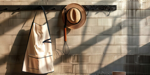 Cooking Creativity: A chef's apron hanging on a hook, next to a chef's hat and a whisk