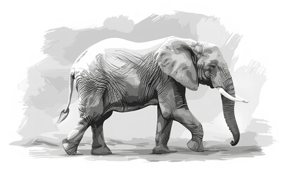  An elephant walking in a vectorized drawing style on a white background in the style of a pencil sketch with a simple design and no shadows using only grayscale colors. 