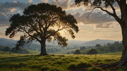 Fototapeta premium Paint the portrait of a solitary tree against a backdrop of rolling hills ai_generated