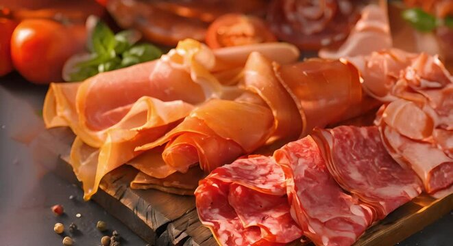 Italian Cured Meats on a Charcuterie Platter. Concept Meat Selection, Charcuterie Presentation, Antipasto Platter, Italian Delights, Artisanal Meats