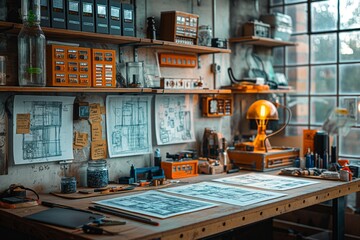 Naklejka premium Vintage designer's workspace with blueprints