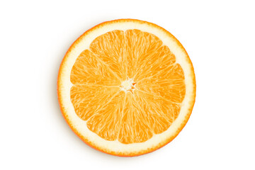 Orange fruit slice isolated on white background. Top view. Flat lay.