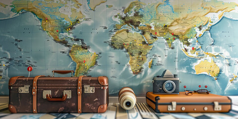 Vintage Travel Poster: A world map with pins marking different countries, a suitcase, and a vintage camera