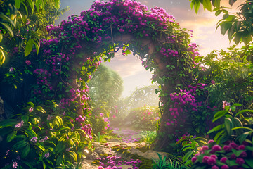 Magical portal or archway covered in vines and flowers