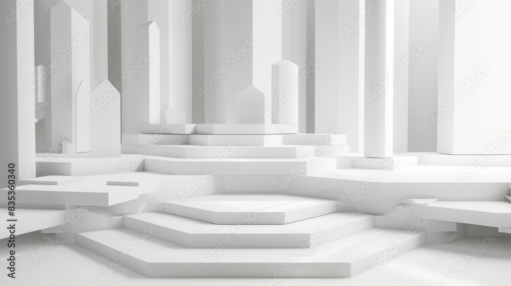 Aufkleber a sleek, minimalist interior featuring white geometric shapes with layered steps and tall columns, i