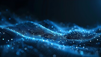 Abstract digital blue wave with glowing dots on a dark background, in the style of a hi-tech and big data concept
