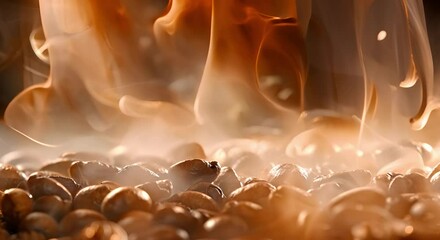 Coffee beans roasting releasing aromatic smoke in a cheerful cafe atmosphere. Concept Coffee Roasting, Aromatic Smoke, Cheerful Cafe, Cafe Atmosphere