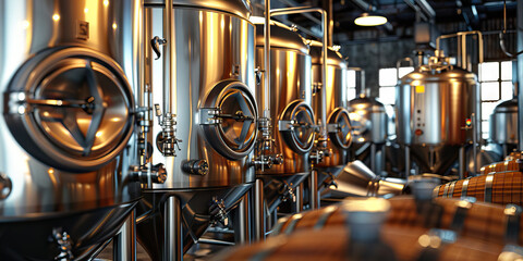 Brewing Excellence: A craft beer brewery with shiny stainless steel tanks, fermenters, and barrels, showcasing the art of brewing and the final product