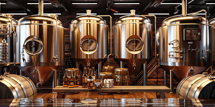 Brewing Excellence: A craft beer brewery with shiny stainless steel tanks, fermenters, and barrels, showcasing the art of brewing and the final product