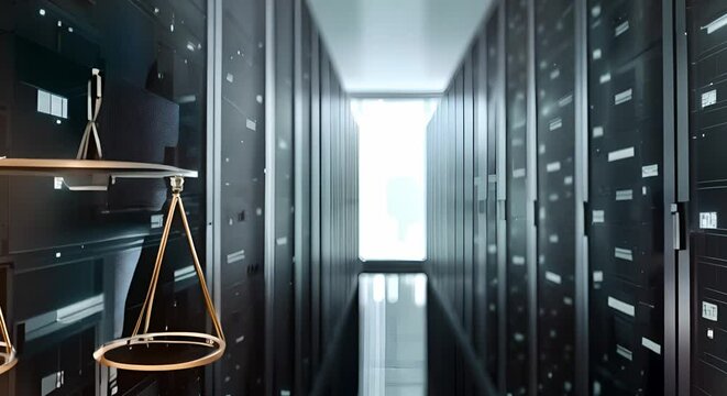 Digital law scales symbolizing justice in modern data center background image. Concept Legal Technology, Justice Symbol, Digital Law, Data Center, Background Image