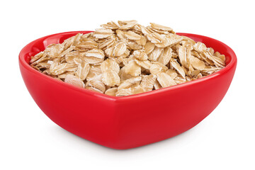 Oat flakes in red ceramic bowl isolated on white background with full depth of field