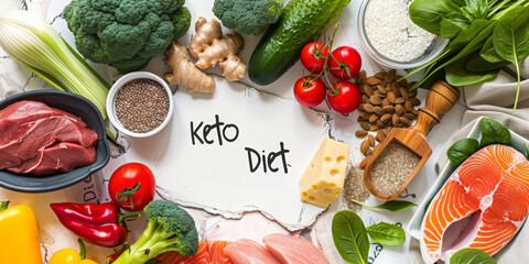 Assorted keto diet foods including meat, fish, vegetables, nuts, and cheese with "Keto Diet" written in the center