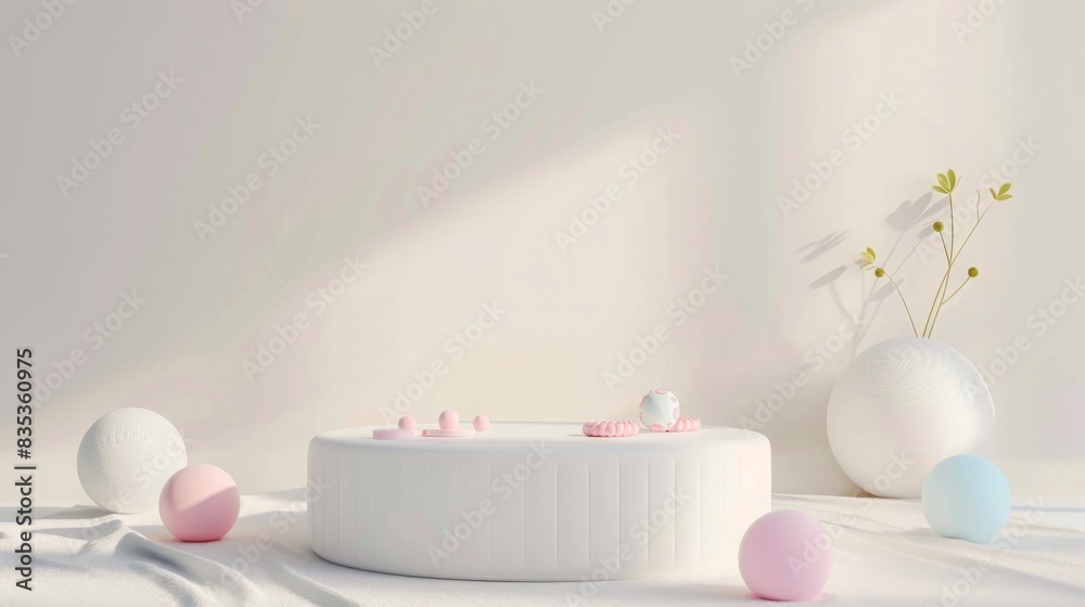 Aufkleber pastel-colored balls and a white round display are set against a light backdrop with delicate flower
