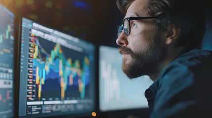 A man with glasses focusing on three computer screens in a modern office setting.