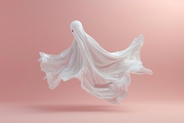 White ghost sheet costume against a pastel soft pink background. Minimal Halloween is a is a scary concept.