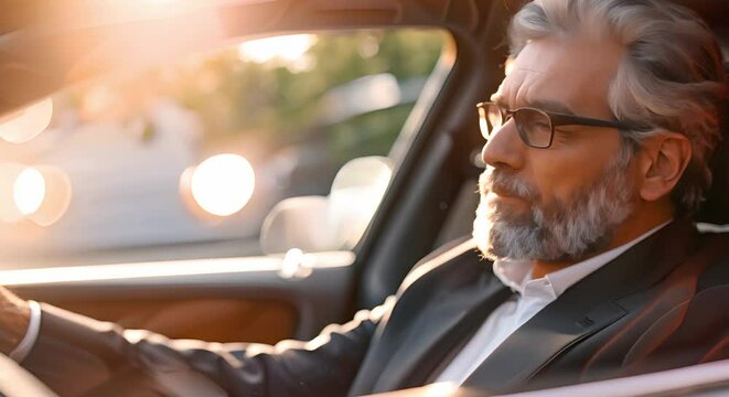 An elderly chauffeur in a black suit and glasses driving a luxury vehicle. Concept Luxury Lifestyle, Senior Driver, Elegant Transportation, Personal Chauffeur, Stylish Vintage Car