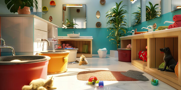 Pet Paradise: A well-appointed pet spa with grooming stations, washing tubs, and toys, pampering furry friends in style