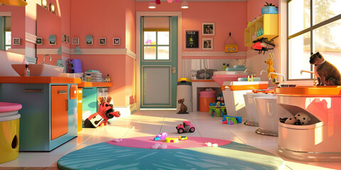 Pet Paradise: A well-appointed pet spa with grooming stations, washing tubs, and toys, pampering furry friends in style