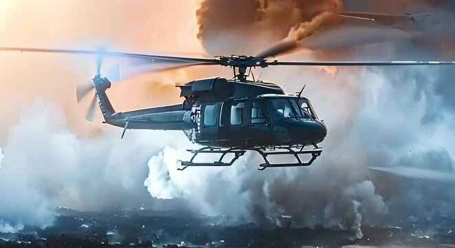 Helic&oacute;ptero combate incendio en &aacute;rea de batalla contra llamas. Concept Firefighting Helicopter, Battle Zone, Flame Combat, Emergency Response, Aerial support