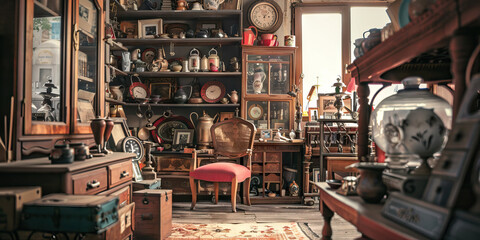 Vintage Charm: An antique shop filled with collectibles, furniture, and knick-knacks, evoking nostalgia and a sense of history