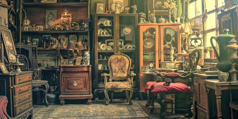 Vintage Charm: An antique shop filled with collectibles, furniture, and knick-knacks, evoking nostalgia and a sense of history