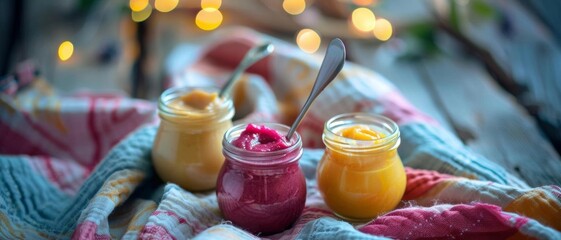 Fototapeta premium Three jars of delicious homemade jam sit on a rustic table