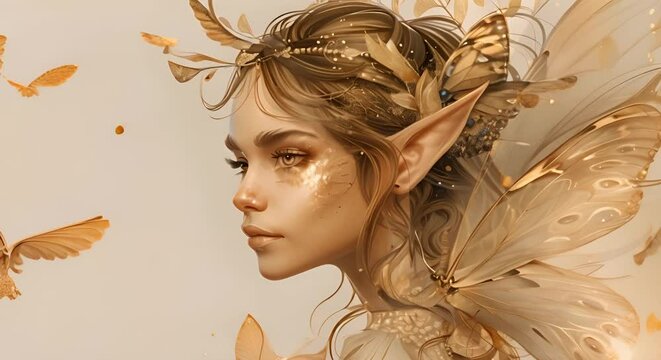 Fantasy elf queen with butterfly wings in digital art illustration. Concept Fantasy Illustration, Elf Queen, Butterfly Wings, Digital Art, Portrait
