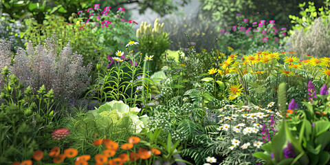 Green Thumb: An immaculately kept garden with various flowers, herbs, and vegetables, showcasing the beauty of nature