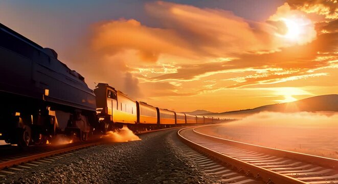 Capture vintage train chugging through countryside in warm nostalgic golden hour light. Concept Train, Countryside, Golden Hour, Vintage, Nostalgic