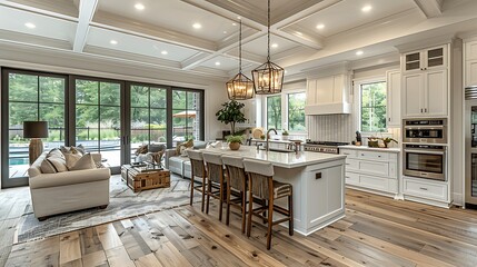  The heart of the home is captured in this stunning kitchen and dining room combination, where thoughtfully chosen wall decorations add character to the elegant interior design